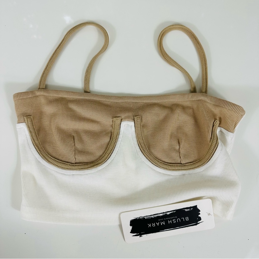 Blush Mark Contrast Underwire Ribbed Tank Top - White & Tan